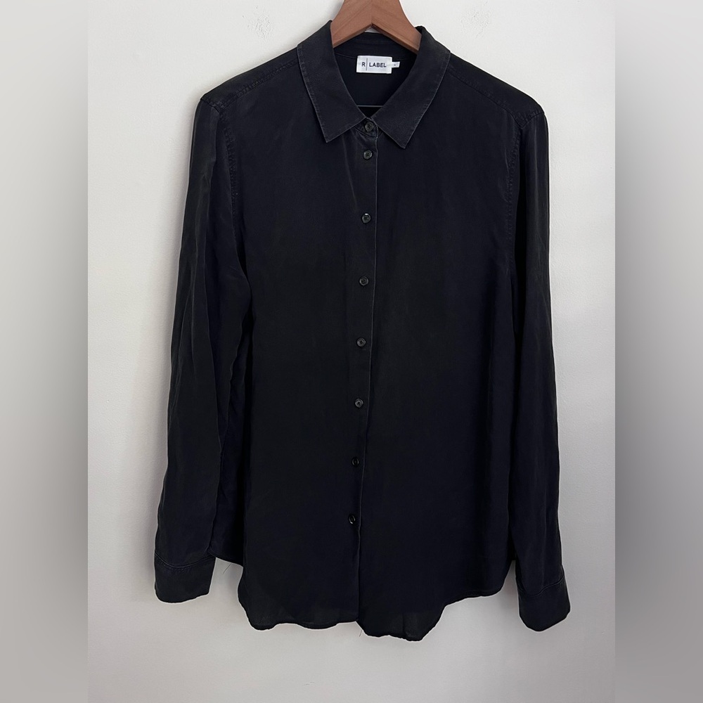 R Label Black Gray Button Down Collared Silk Shirt long sleeve L
